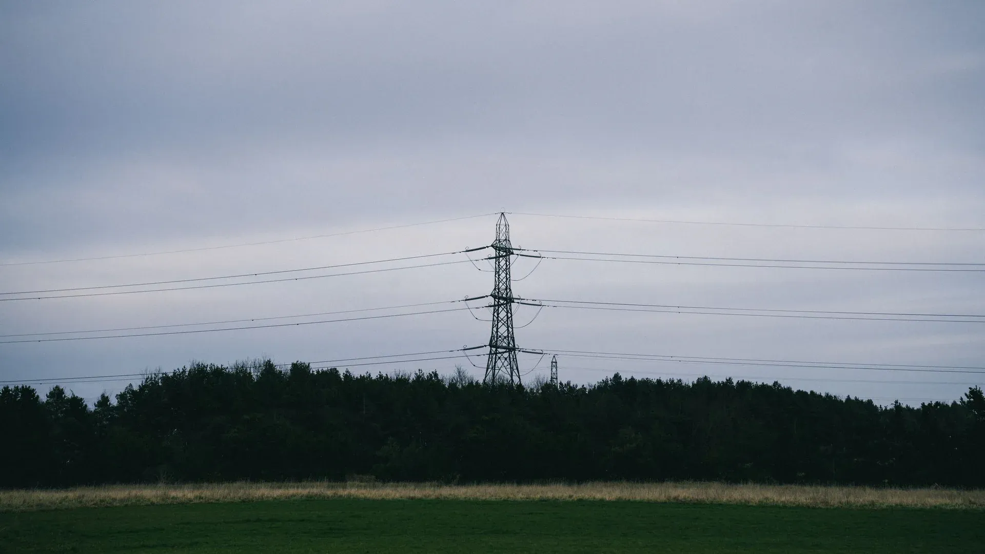A rural scene featuring a transmission tower against a forest with cloudy skies