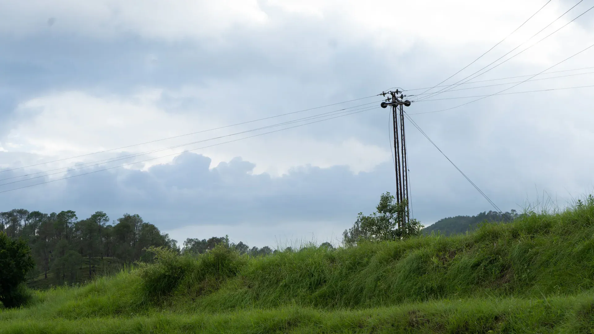 A scenic view of an electric pole amidst a lush green field under cloudy skies