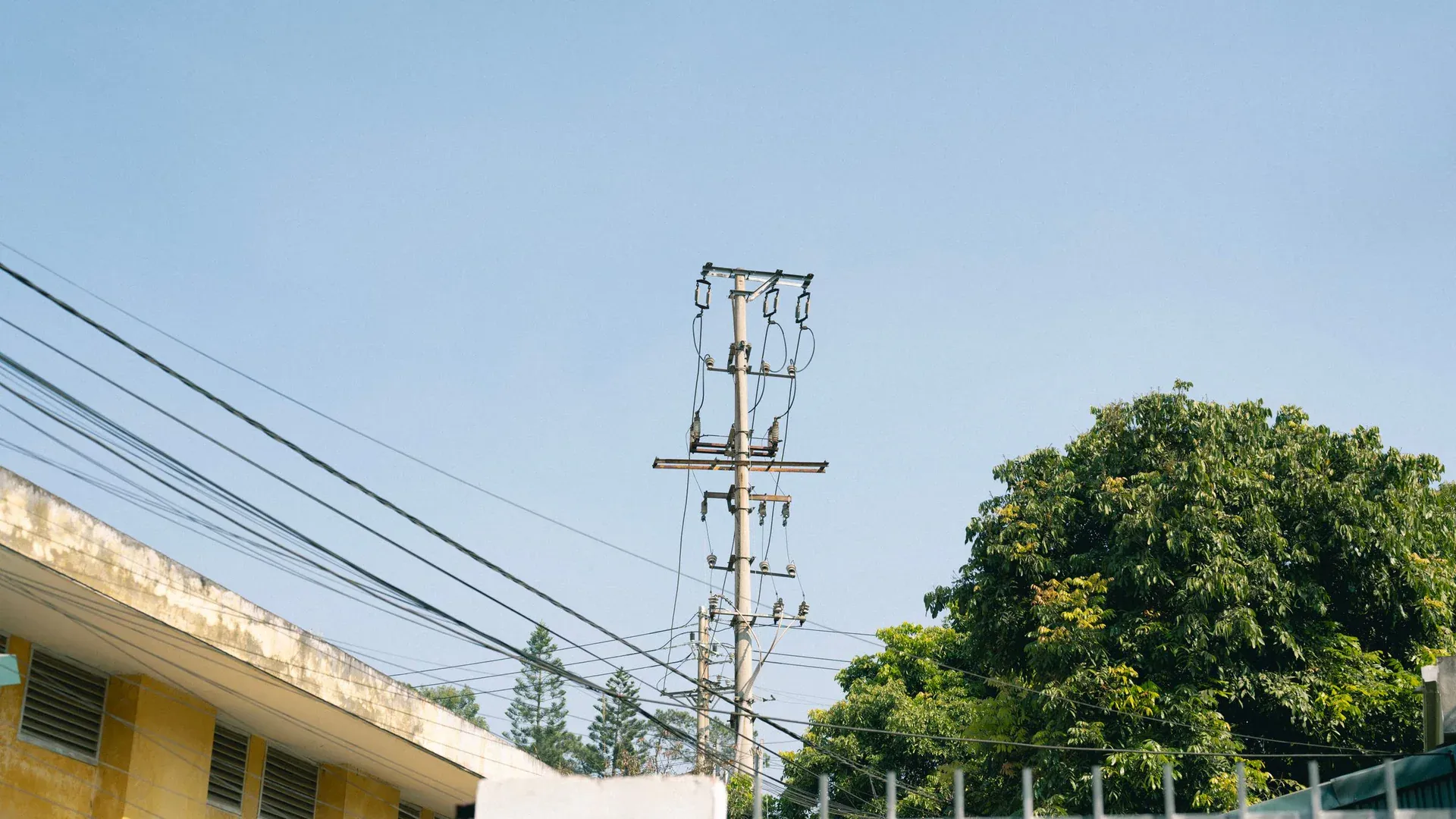 Power lines and a tree under a clear blue sky in Lang Son, Vietnam