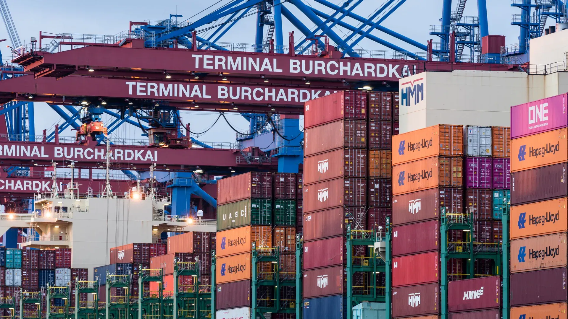 Container stacks and cargo cranes at the Port of Hamburg