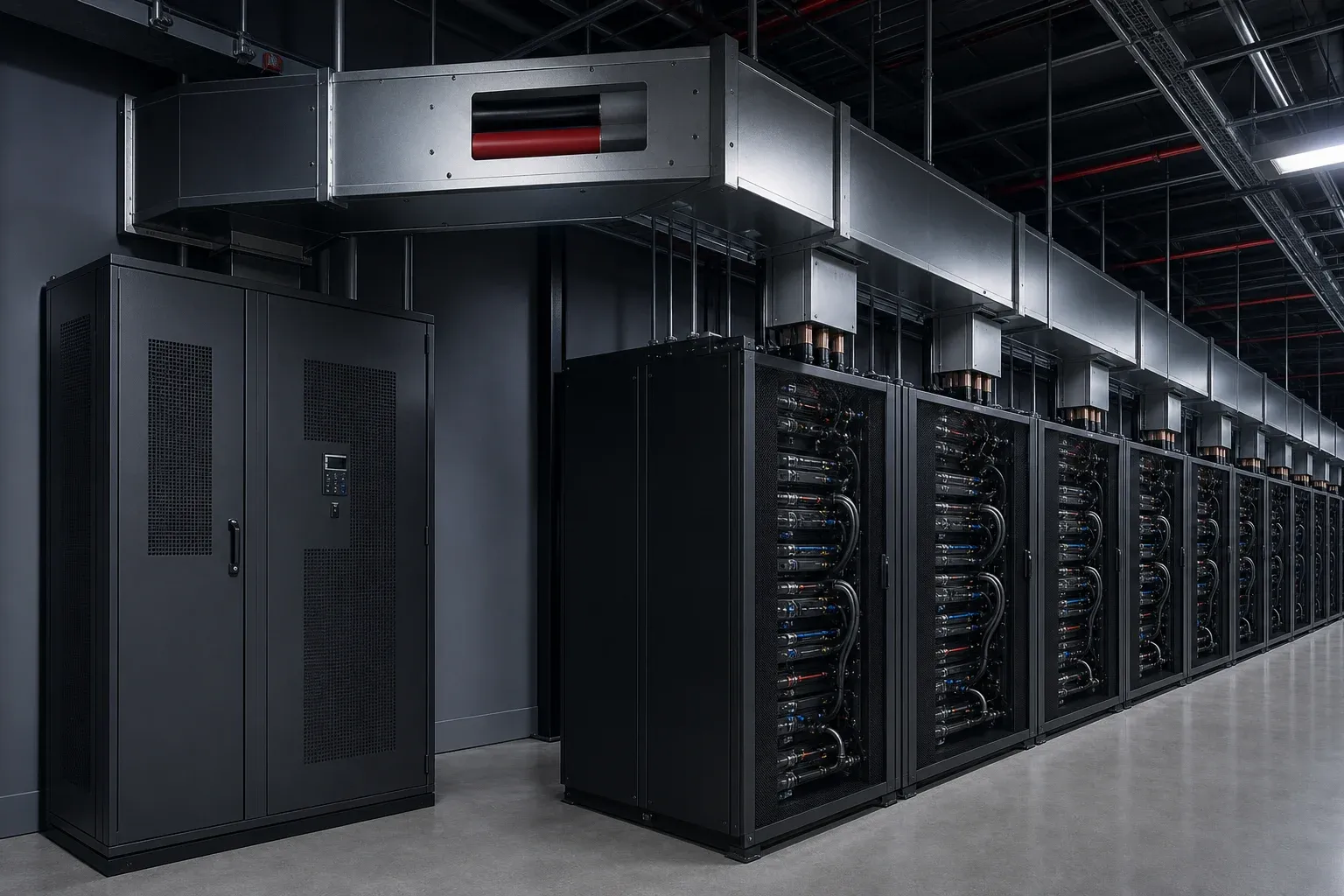 Enclosed overhead DC busway distributing power from a row cabinet to high-density data center racks
