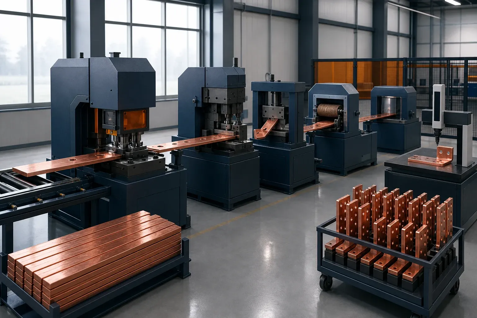 Copper busbar fabrication line with punching, shearing, bending, deburring, and inspection stations