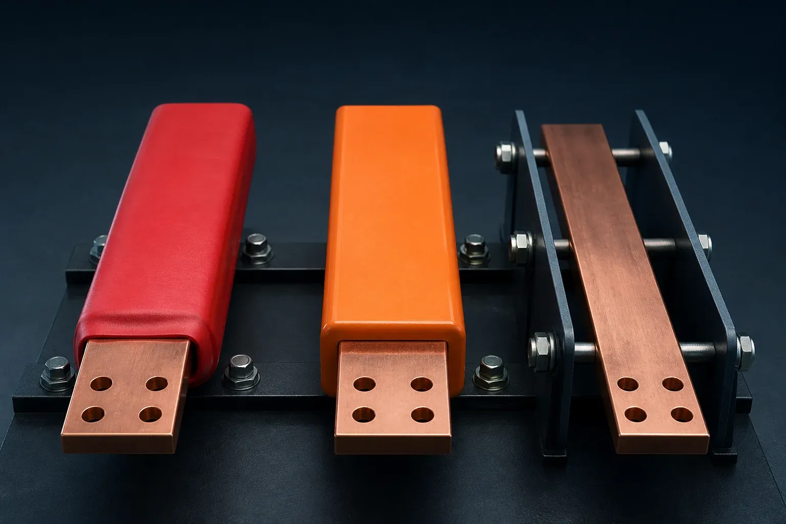 Copper busbars shown with heat-shrink, coated, and air-insulated constructions