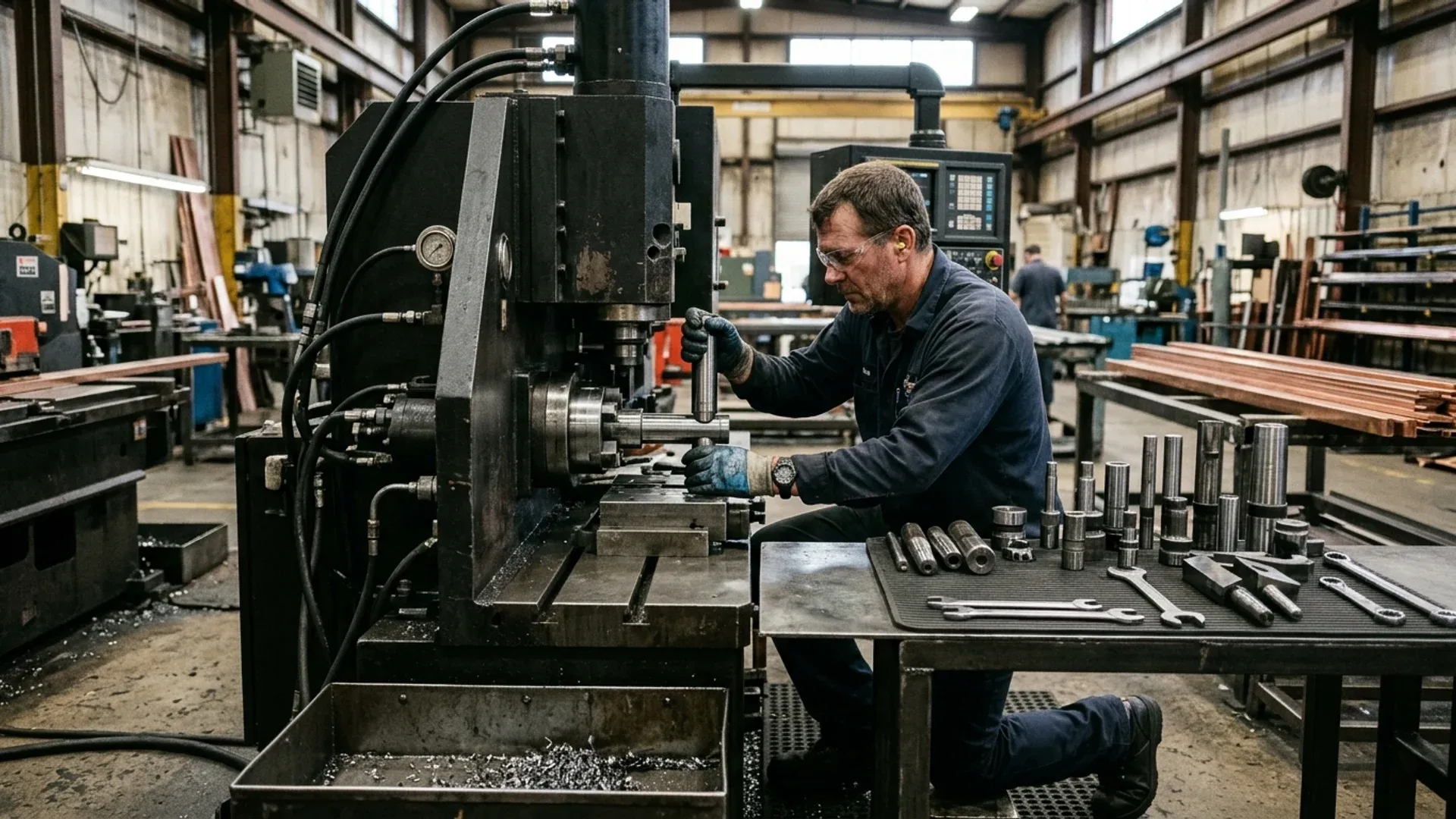 Machine operator performing a rapid tooling changeover on a heavy CNC busbar processing machine