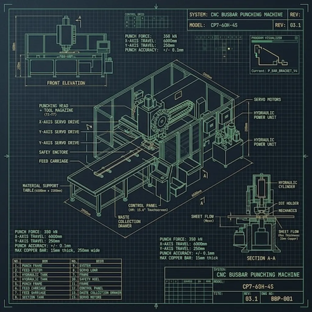 CNC Busbar Punching and Bending CAD Blueprint Alignment