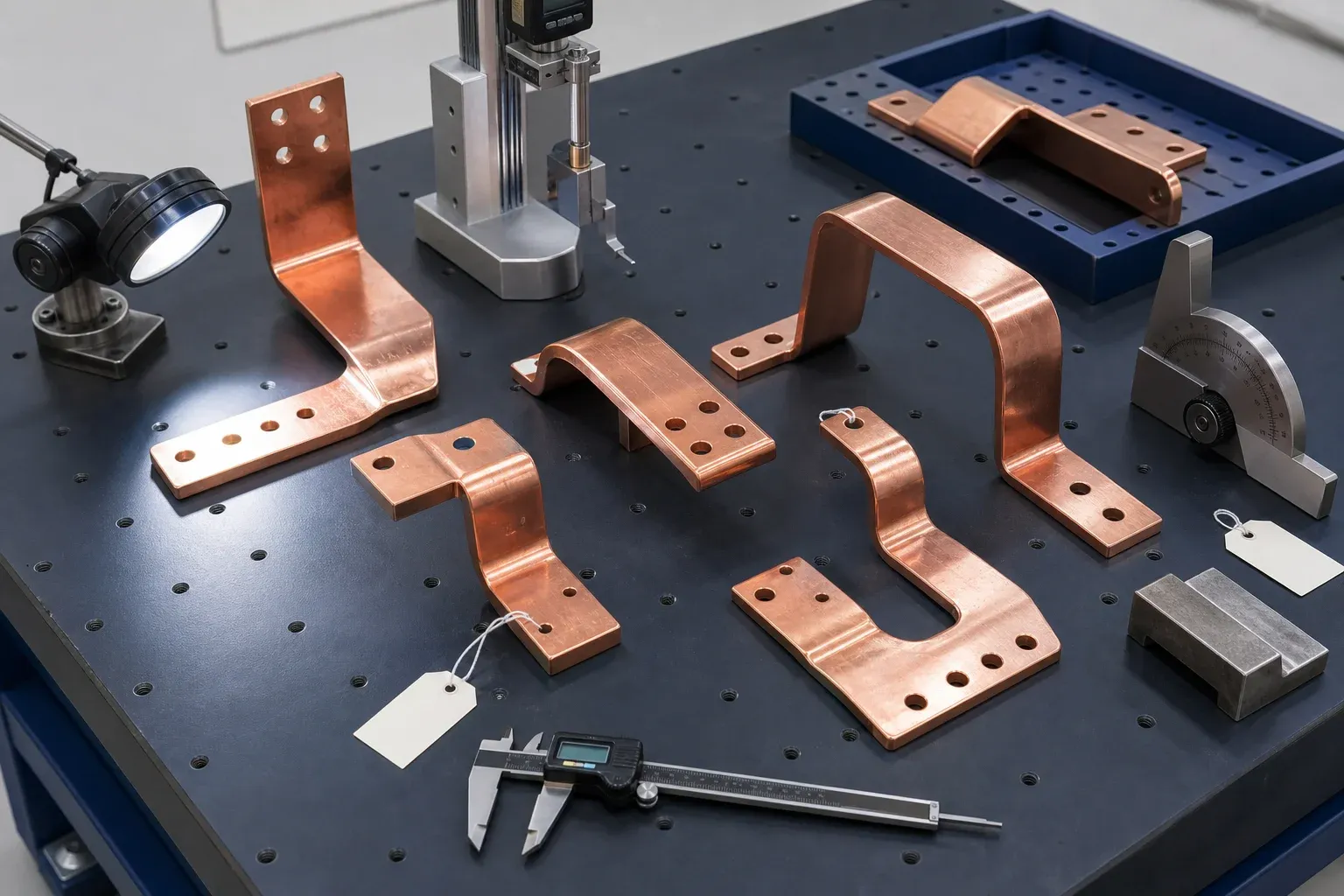 Finished copper busbars arranged on a metrology table with caliper, height gauge, and angle gauge