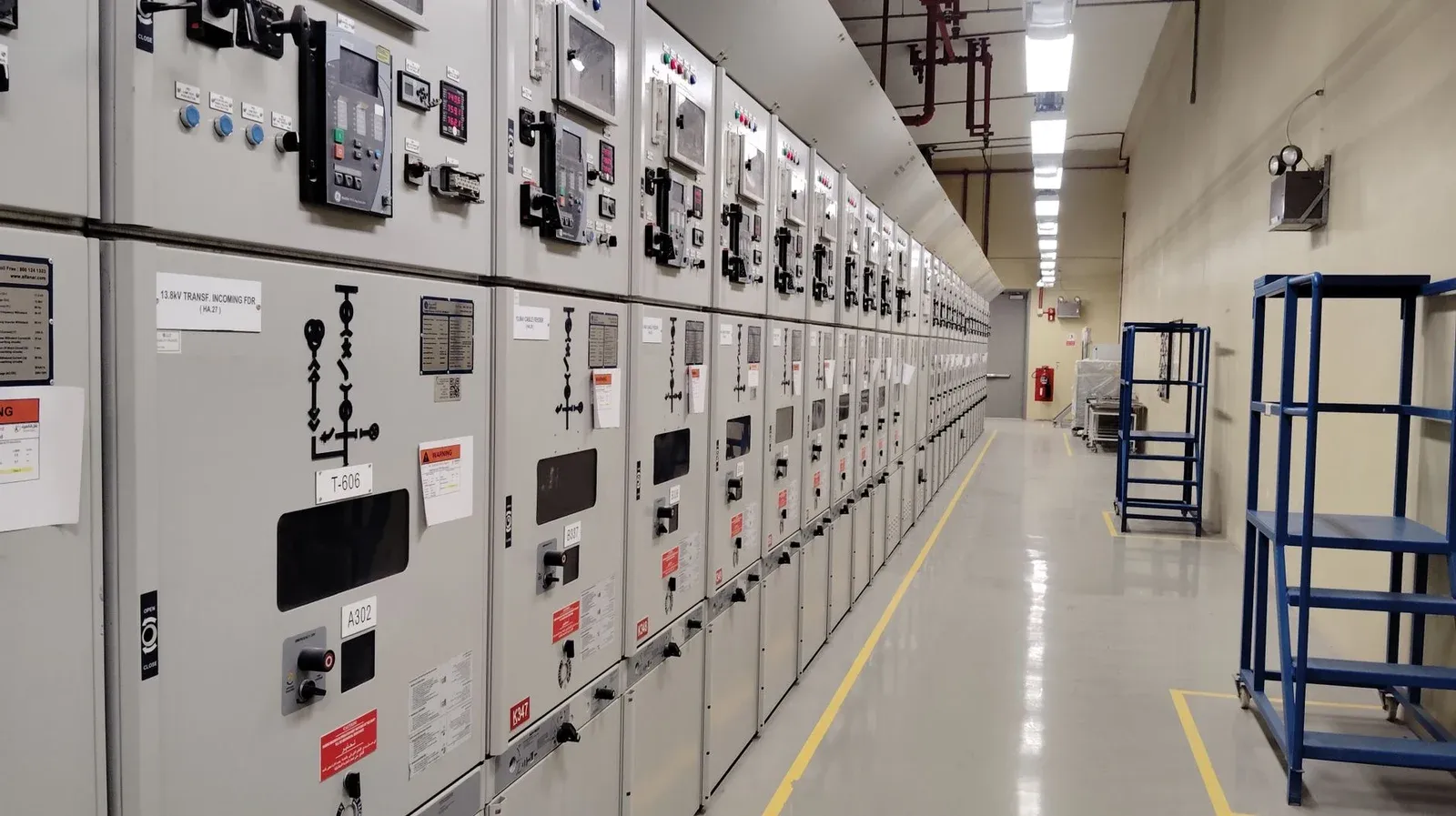A long row of electrical switchgear cabinets in an industrial room