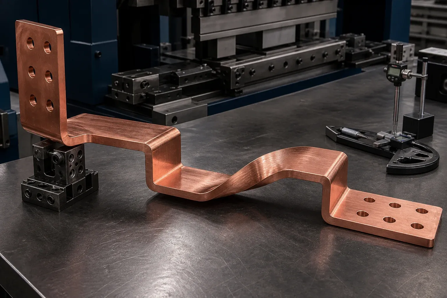 Thick copper transformer busbar with flat bends, offsets, a twist, and punched terminal holes