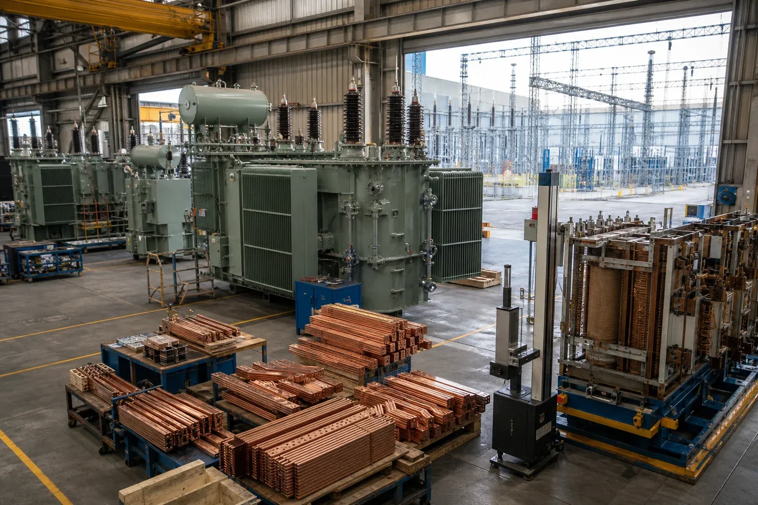 Transformer factory with assembled units and organized copper busbar components awaiting production