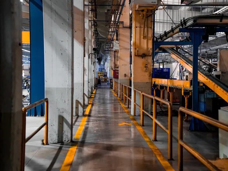 Inside view of an industrial factory featuring conveyor belts and empty walkways