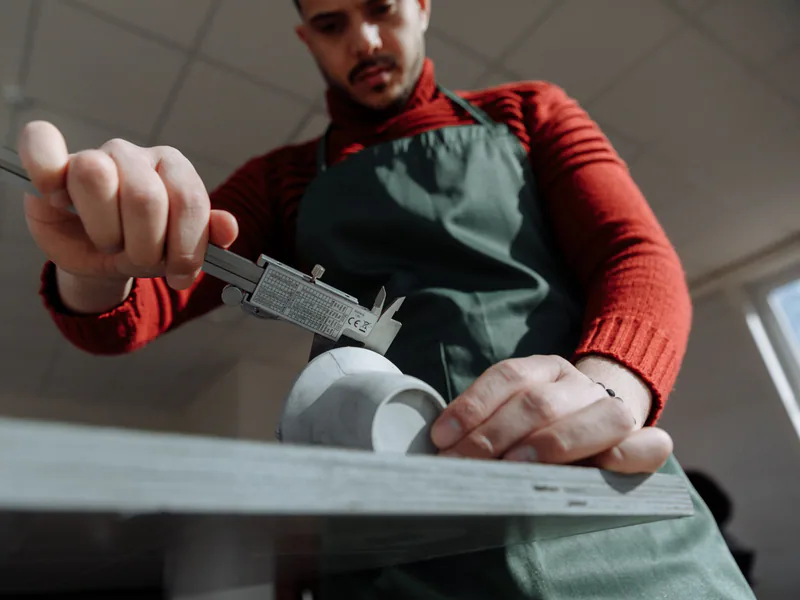 Close-up of a craftsman using a caliper for precise measurement in a workshop
