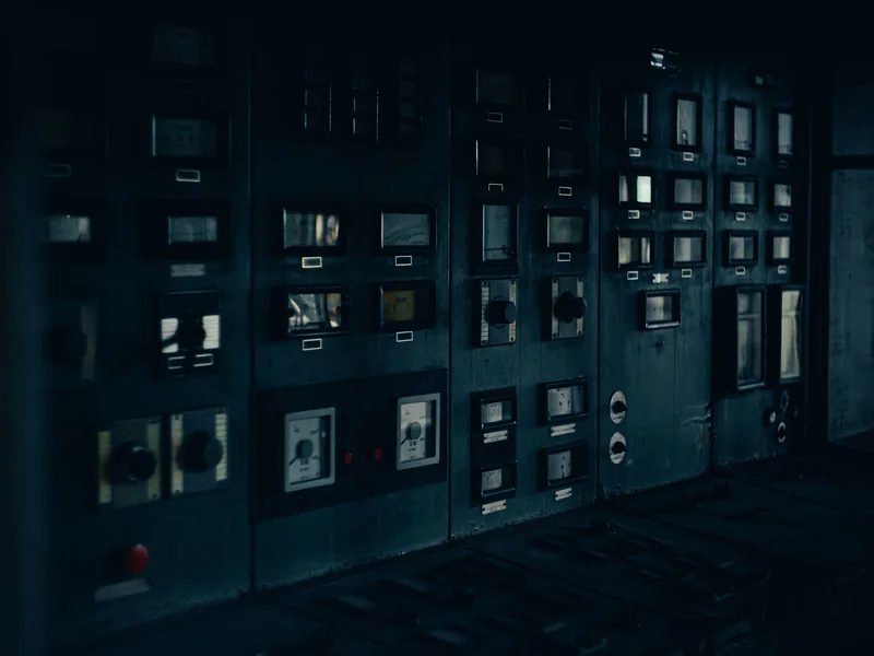 A dark, retro industrial control panel with dials and gauges in a maintenance room