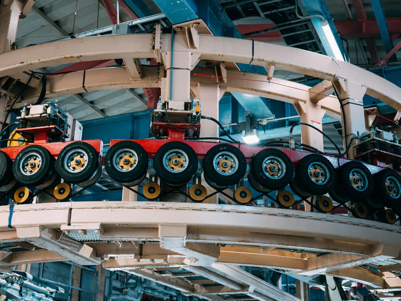 Close-up view of a complex industrial conveyor system inside a manufacturing facility