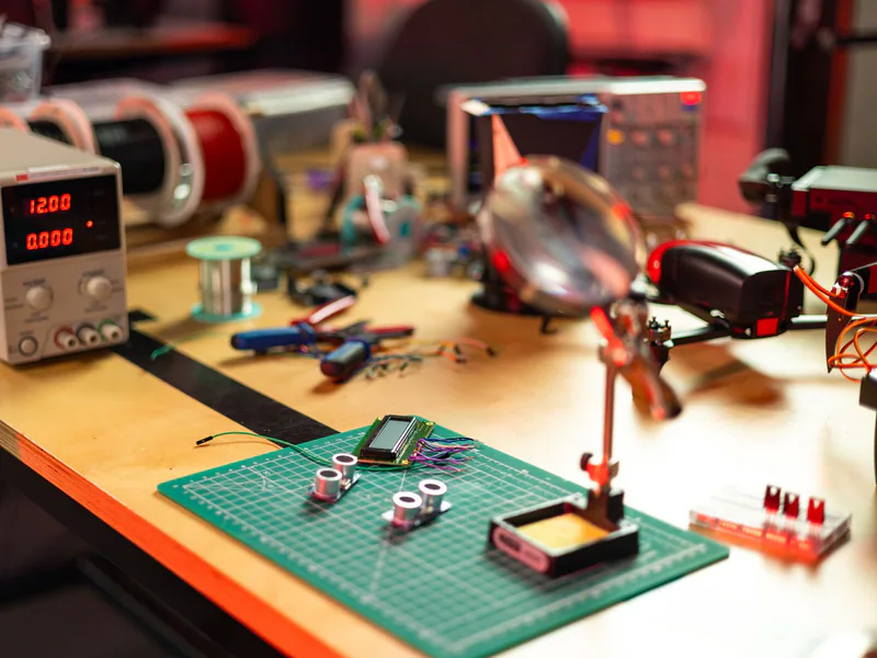 A detailed view of an electronics workshop with various tools and components on a workbench