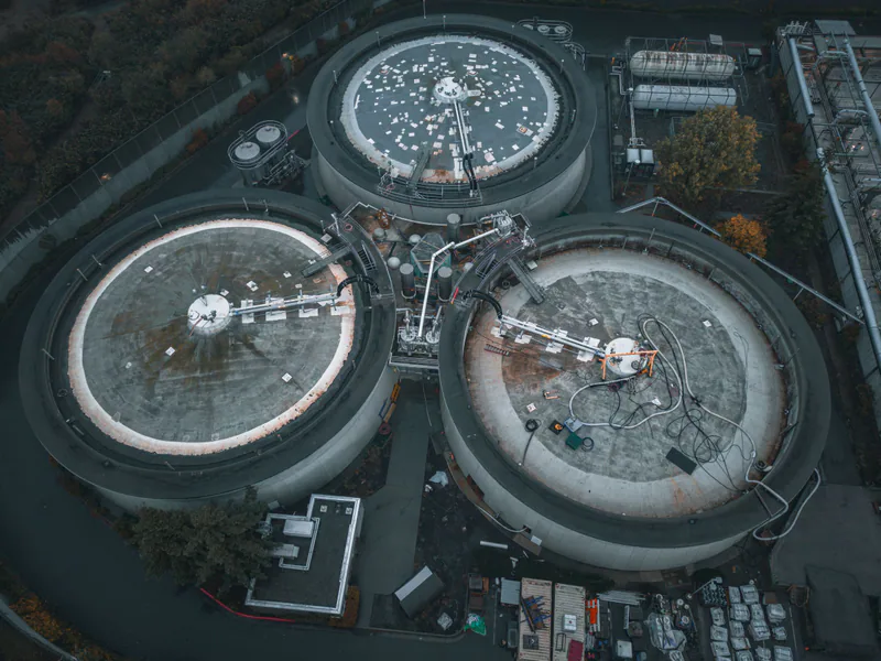 Drone shot of industrial tanks in Seattle highlights technology and engineering landscape