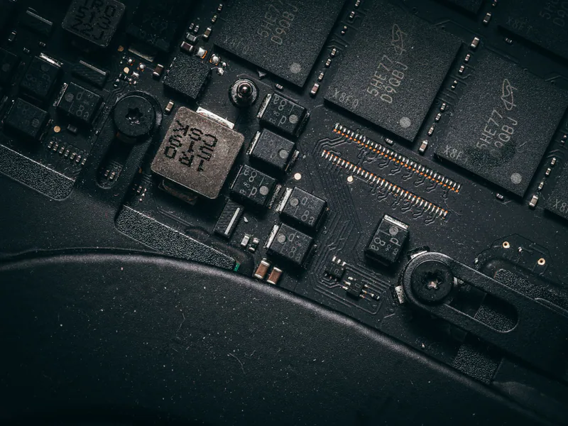 Detailed macro shot of electronic circuit board showing microchips and components