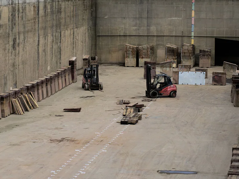 Two forklifts in a large industrial warehouse setting with stored machinery