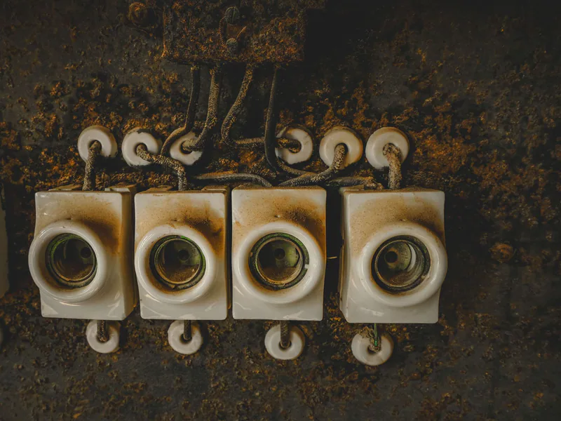 Close-up of vintage ceramic electrical switches, showcasing industrial decay and retro design