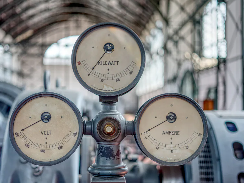 Close-up of vintage volt, ampere, and kilowatt gauges in an old industrial setting
