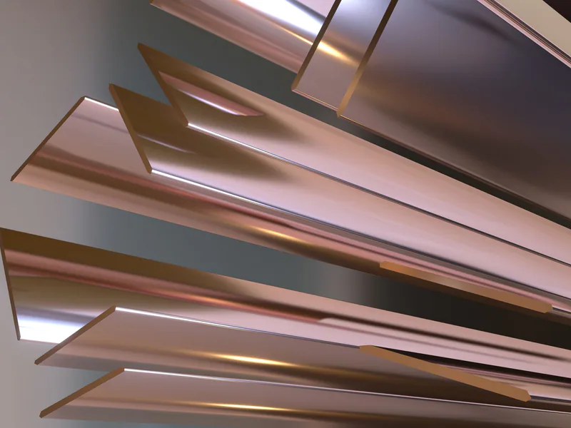 Dynamic abstract design featuring metallic geometric elements with a warm, golden tone