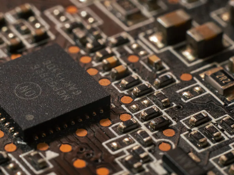 Detailed close-up of a computer circuit board showcasing electronic components