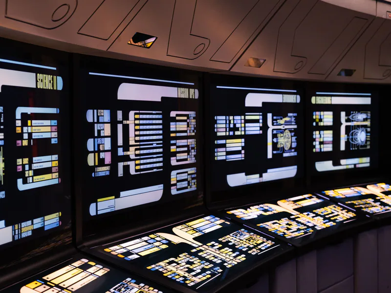 A high-tech command center with illuminated digital screens in a futuristic setting