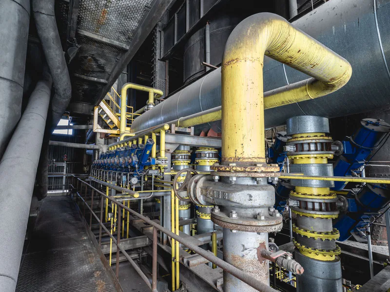 Close-up of an intricate industrial pipeline system featuring yellow valves and steel structures inside a factory