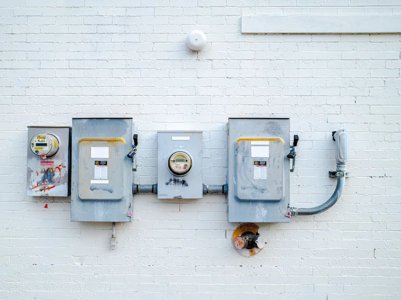 Electrical boxes and power meters mounted on a white brick wall