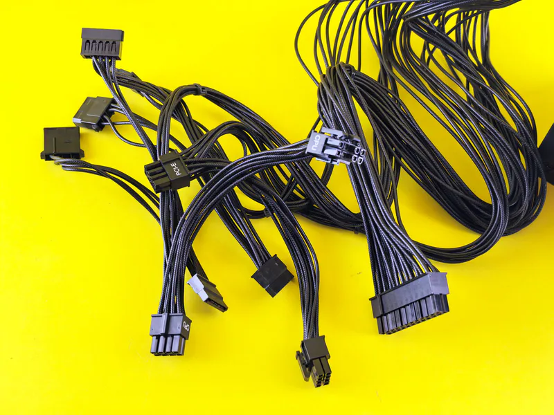 Black computer cables splayed on a vibrant yellow surface, highlighting technology connection themes