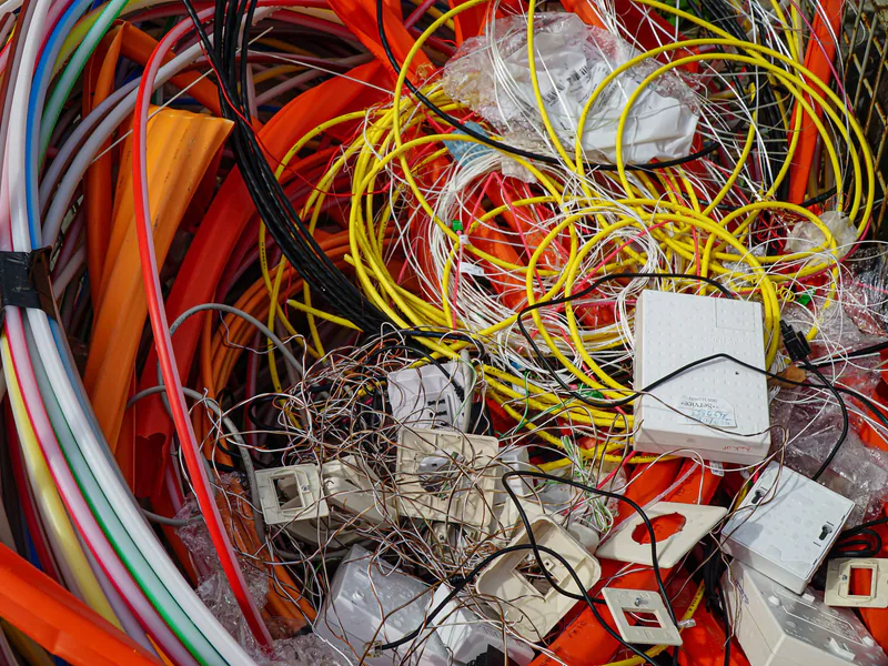 A vibrant mixture of electrical cables and waste ready for recycling