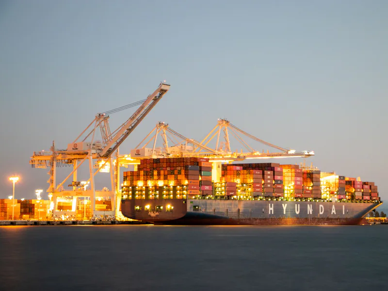 Container ship docked at port under cranes during twilight, illuminated against the evening sky