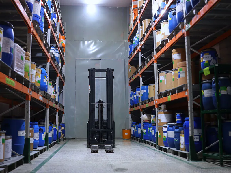 A well-organized pharmaceutical warehouse with shelves and a forklift in Islamabad, Pakistan