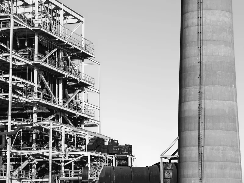 Black and white image of a factory structure in San Francisco, showcasing industrial design