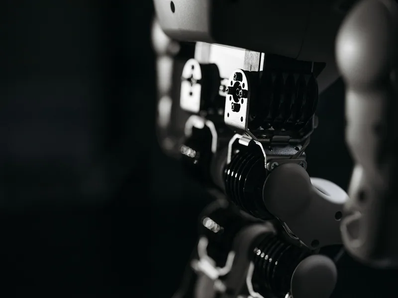 Detailed close-up of a robot’s mechanical components, emphasized by moody studio lighting