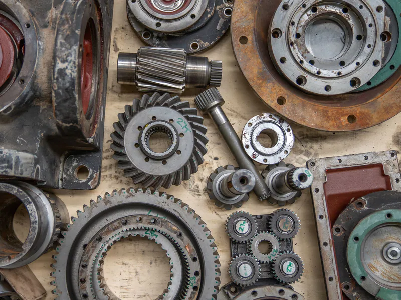 Detailed shot of industrial gears and mechanical parts in a workshop setting