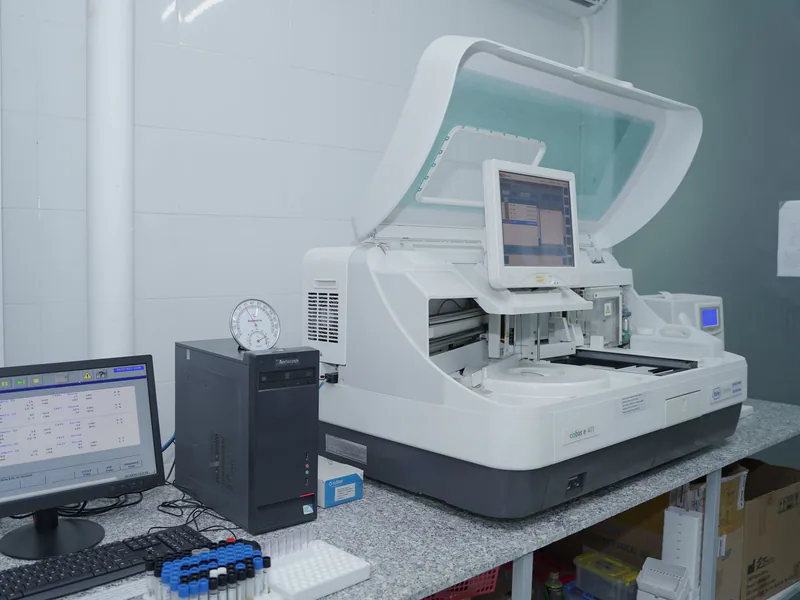 High-tech laboratory equipment with computer system in lab setting