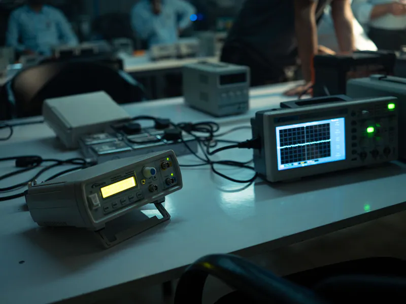 Electronic test instruments on an EV engineering laboratory bench