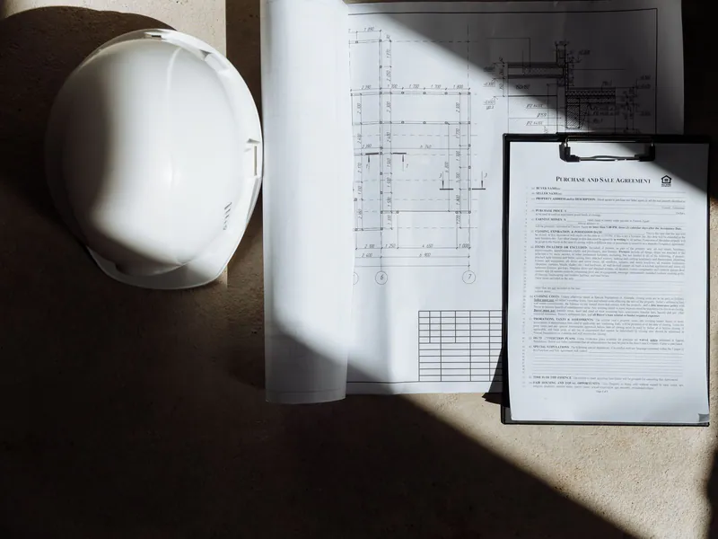 Procurement contract and technical drawings beside a safety helmet