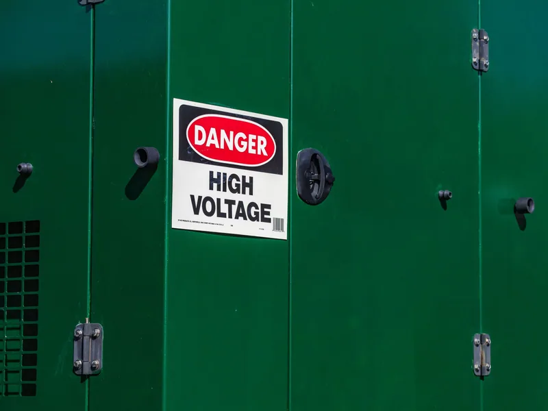 Green electrical cabinet marked with a high-voltage warning