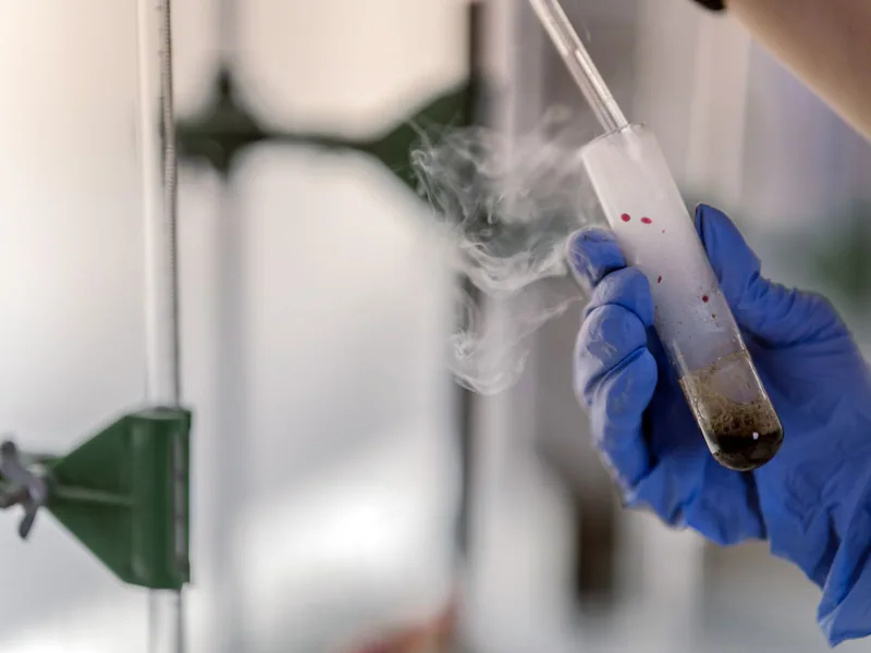 Gloved hand holding a sample beside laboratory test equipment