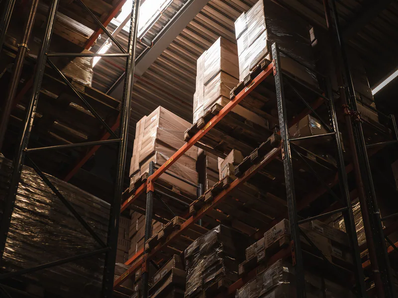 High warehouse racks filled with packaged inventory