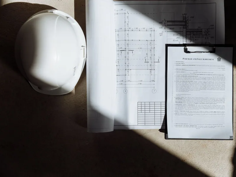 Maintenance drawings and a hard hat laid out before an electrical inspection