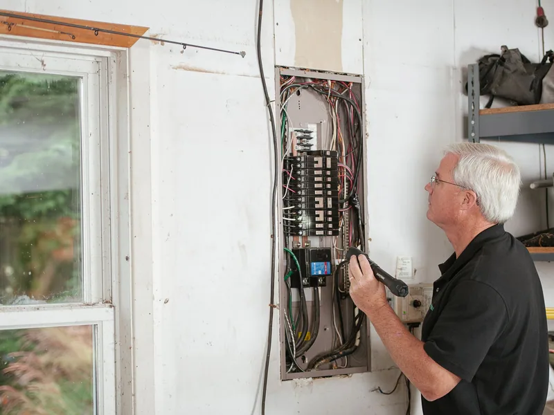 Electrician checking an open electrical cabinet with an infrared camera