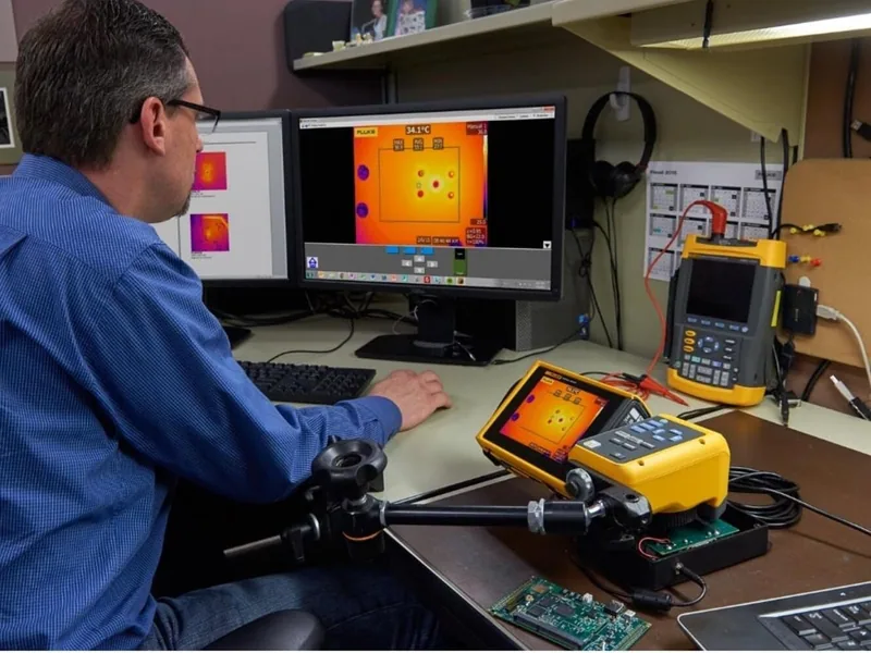 Technician reviewing thermal inspection data at a workbench