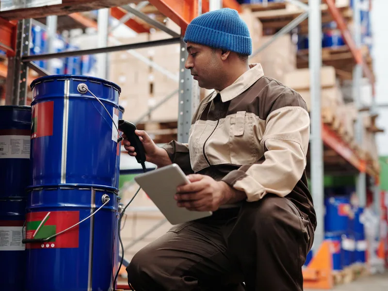 Warehouse worker scanning an identification code on industrial stock