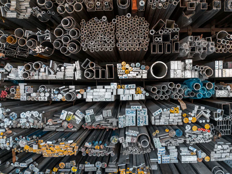 Assorted metal bars, tubes, and profiles organized by type