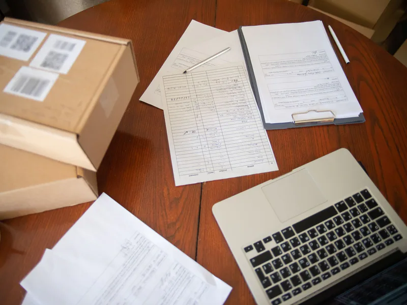 Packages, shipping records, and a laptop arranged for logistics work