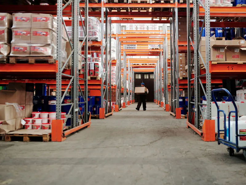 Clear warehouse aisle surveyed as an industrial machine delivery route
