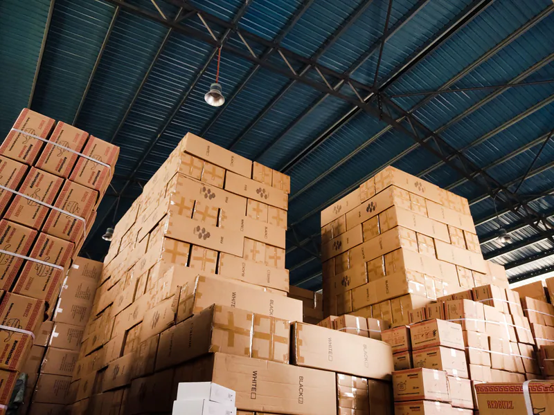Packaged industrial replacement parts staged in a distribution warehouse