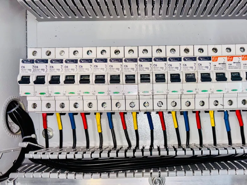 Color-coded circuit breakers and wiring inside an electrical control panel